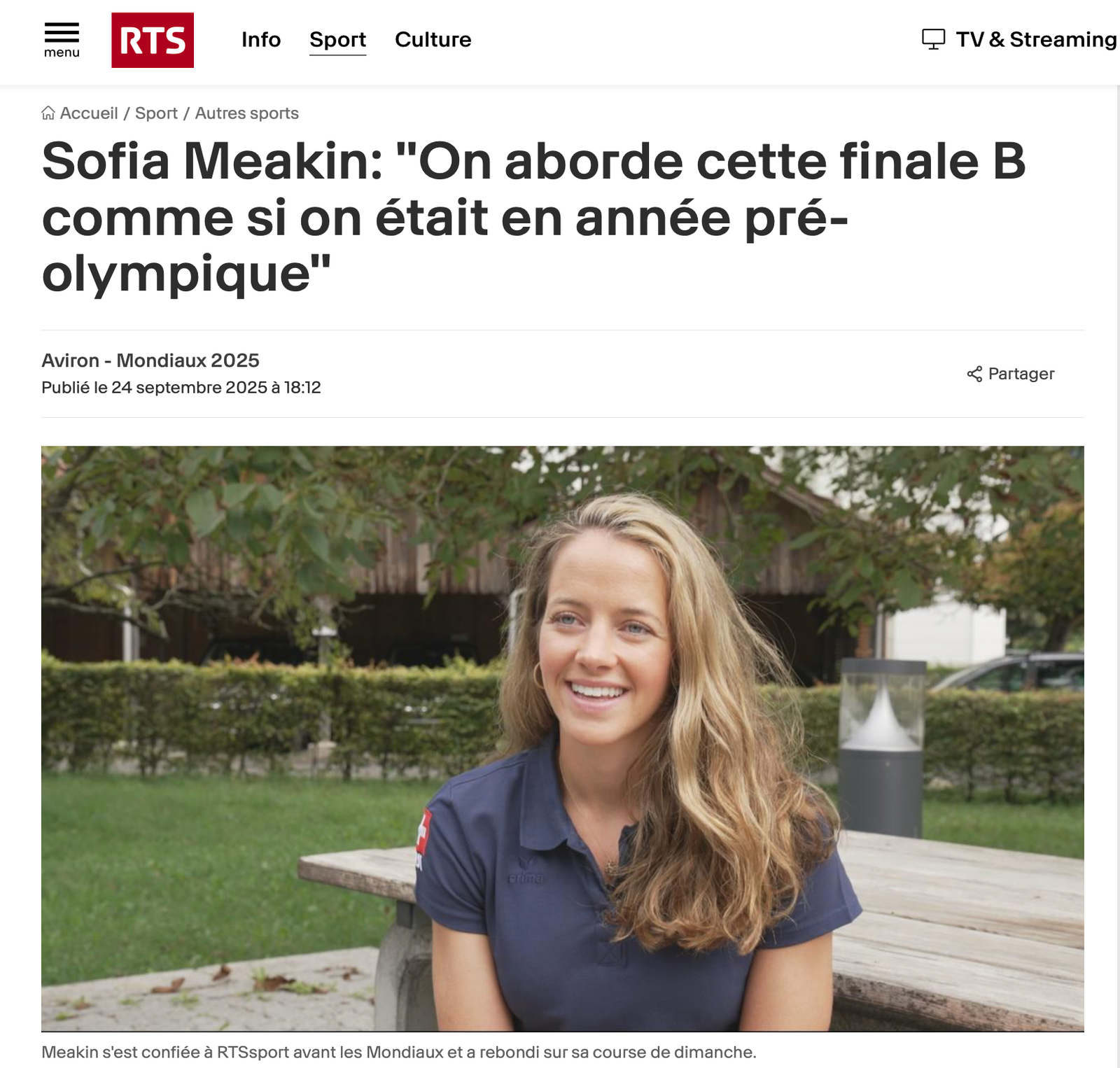 Sofia Meakin featured by RTS Sport in 2025